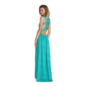 Lovers + Friends Maxi Dress S Kitty Cat Strappy Back Viper Printed Teal Blue
